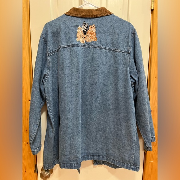Quacker Factory Blue Denim Jacket with Brown Corduroy Collar and Cat Embroidery - Picture 7 of 15